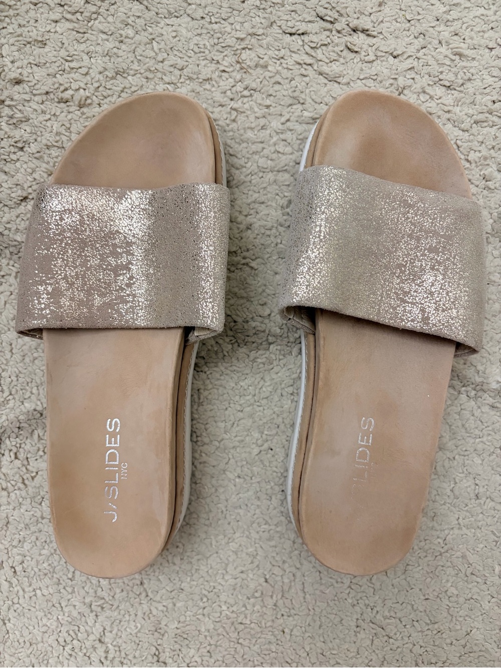 J/SLIDES Women's Glitter Slide Sandals in Rose Gold